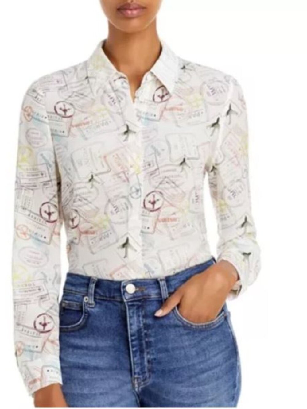 Alice + Olivia Willa Travel Stamp Print Silk Long Sleeve Shirt